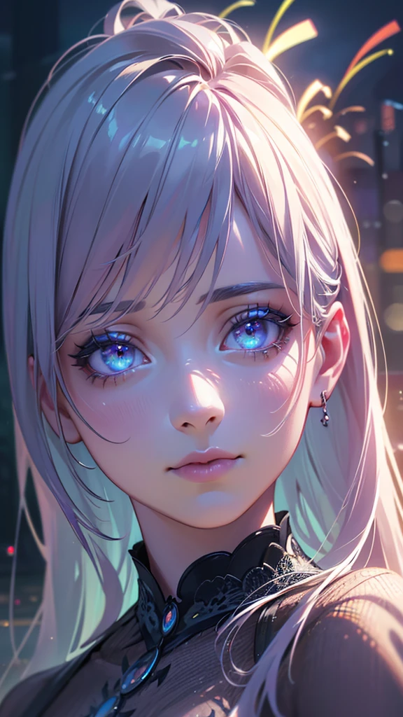 a ghostly fireworks display, beautiful detailed eyes, beautiful detailed lips, extremely detailed eyes and face, long eyelashes, 1girl, digital art, oil painting, cinematic lighting, dramatic shadows, ethereal, glowing, vibrant colors, neon colors, surreal, dreamlike, (best quality,4k,8k,highres,masterpiece:1.2),ultra-detailed,(realistic,photorealistic,photo-realistic:1.37)