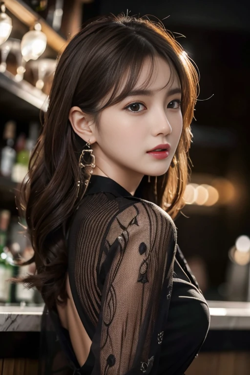 masterpiece, Highest quality, Realistic, Very detailed, Finer details, High resolution, 8k wallpaper, One beautiful woman, Wear a black see-through shirt, Great bar counter, At night, Light brown messy hair, Perfect dynamic composition, Beautiful and beautiful eyes、Big earrings、Back view、