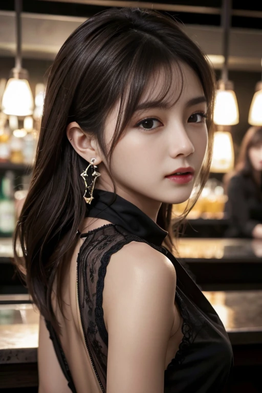 masterpiece, Highest quality, Realistic, Very detailed, Finer details, High resolution, 8k wallpaper, One beautiful woman, Wear a black see-through shirt, Great bar counter, At night, Light brown messy hair, Perfect dynamic composition, Beautiful and beautiful eyes、Big earrings、Back view、