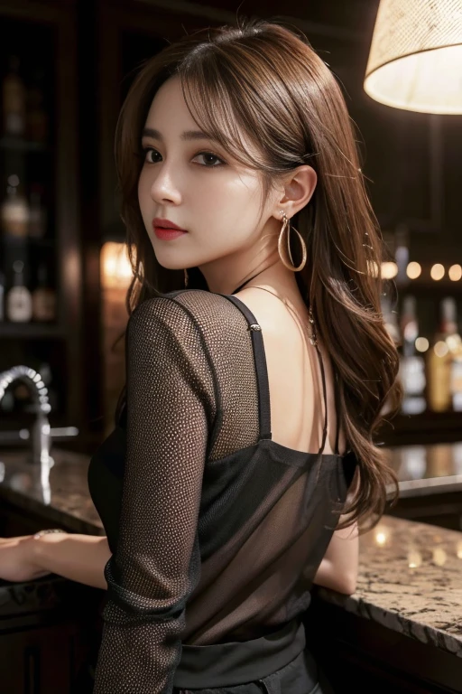 masterpiece, Highest quality, Realistic, Very detailed, Finer details, High resolution, 8k wallpaper, One beautiful woman, Wear a black see-through shirt, Great bar counter, At night, Light brown messy hair, Perfect dynamic composition, Beautiful and beautiful eyes、Big earrings、Back view、