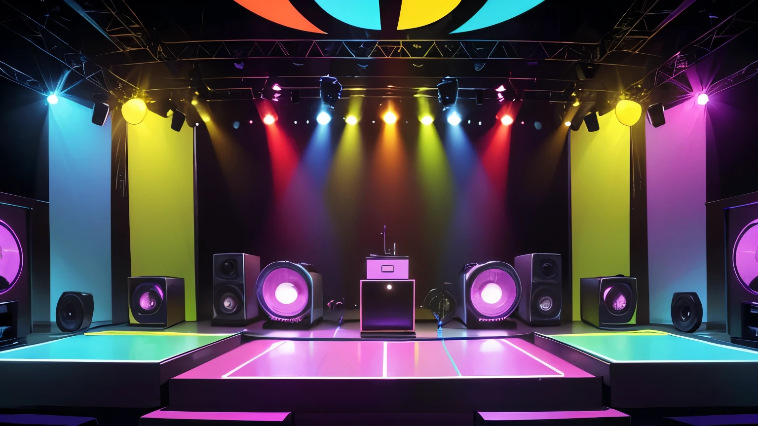 criar um ambiente de disco on 70,80s , eletronic style, stage, lights, power speakers,amplicadores de som,equelizadores, no figures no ambiente, color lights decoration, unique disco, cores verdes, amarelas