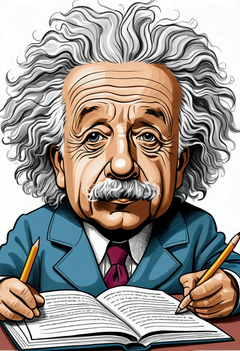Cartoon drawing of Einstein asking whether the exam was difficult or easy He's a little confused