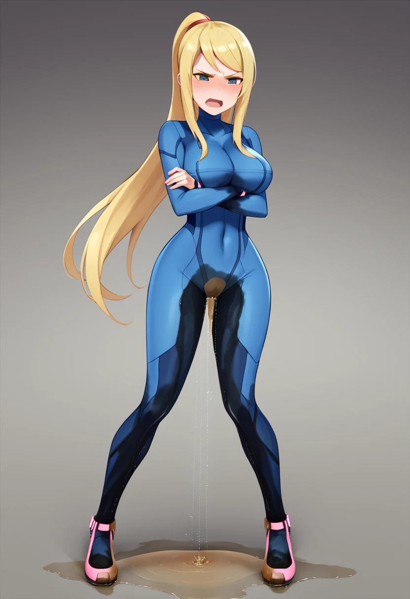 (high quality,Very detailed:1.37, High resolution), Woman, defSamus, blonde hair, bodysuit, blue clothes, blue pants, high heels, large breasts, (wetting herself:2.0), standing, (arms crossed:1.5), (embarrassed:1.5), (humiliation:1.5), (angry:1.25), (blushing:1.5), open mouth, Meticulous details, (extremely detailed eys:1.37), A moonlit sky with a futuristic hue