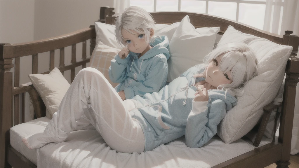 an anime image of a small boy with white hair wearing a thick diaper underneath fox hoodie-footie pjs, hoodie-footie pjs, sleeping, (crib), nursery, (1boy), adorable, masterpiece, extremely detailed, beautiful eyes, sharp focus, vivid colors, studio lighting, intricate details, soft textures, cozy atmosphere, high quality, hood down,