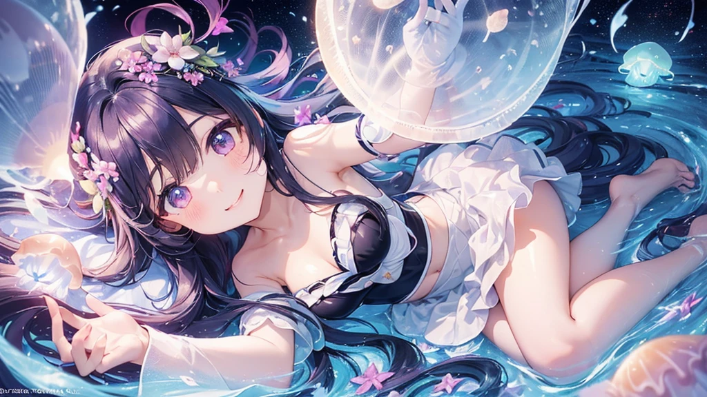 (((Highest quality、Cute moon jellyfish、masterpiece、Ultra-fine、Ultra-fine、Exquisite、16K、Black Hair、Full HD、Asahi、high school girl、))) 、 ((((The best smile,Angle from above)))Blue Eyes、Long eyelashes、White skin、(Pale pink lips、Pale pink cheeks、thin and long)、 (((cute)) ((One person)) 、((The best smile)) 、(epic proportion)、