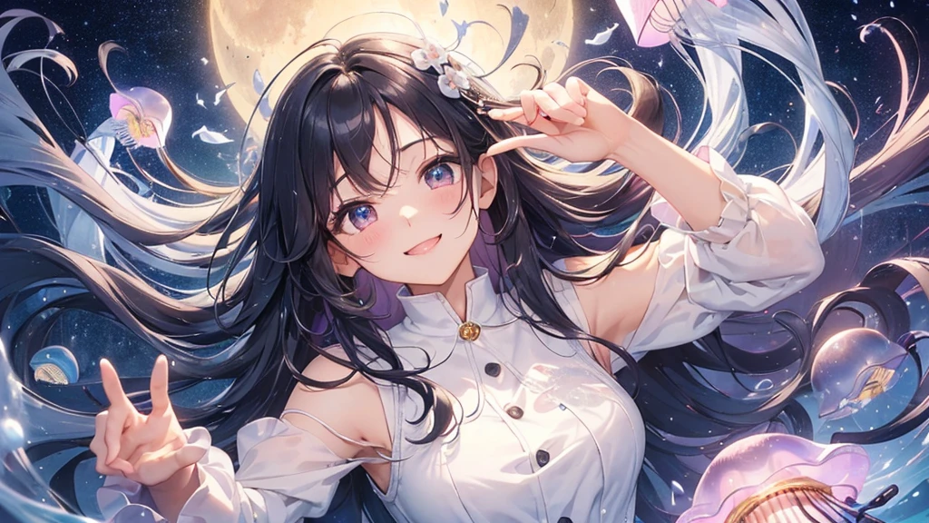 (((Highest quality、Cute moon jellyfish、masterpiece、Ultra-fine、Ultra-fine、Exquisite、16K、Black Hair、Full HD、Asahi、high school girl、))) 、 ((((The best smile,Angle from above)))Blue Eyes、Long eyelashes、White skin、(Pale pink lips、Pale pink cheeks、thin and long)、 (((cute)) ((One person)) 、((The best smile)) 、(epic proportion)、
