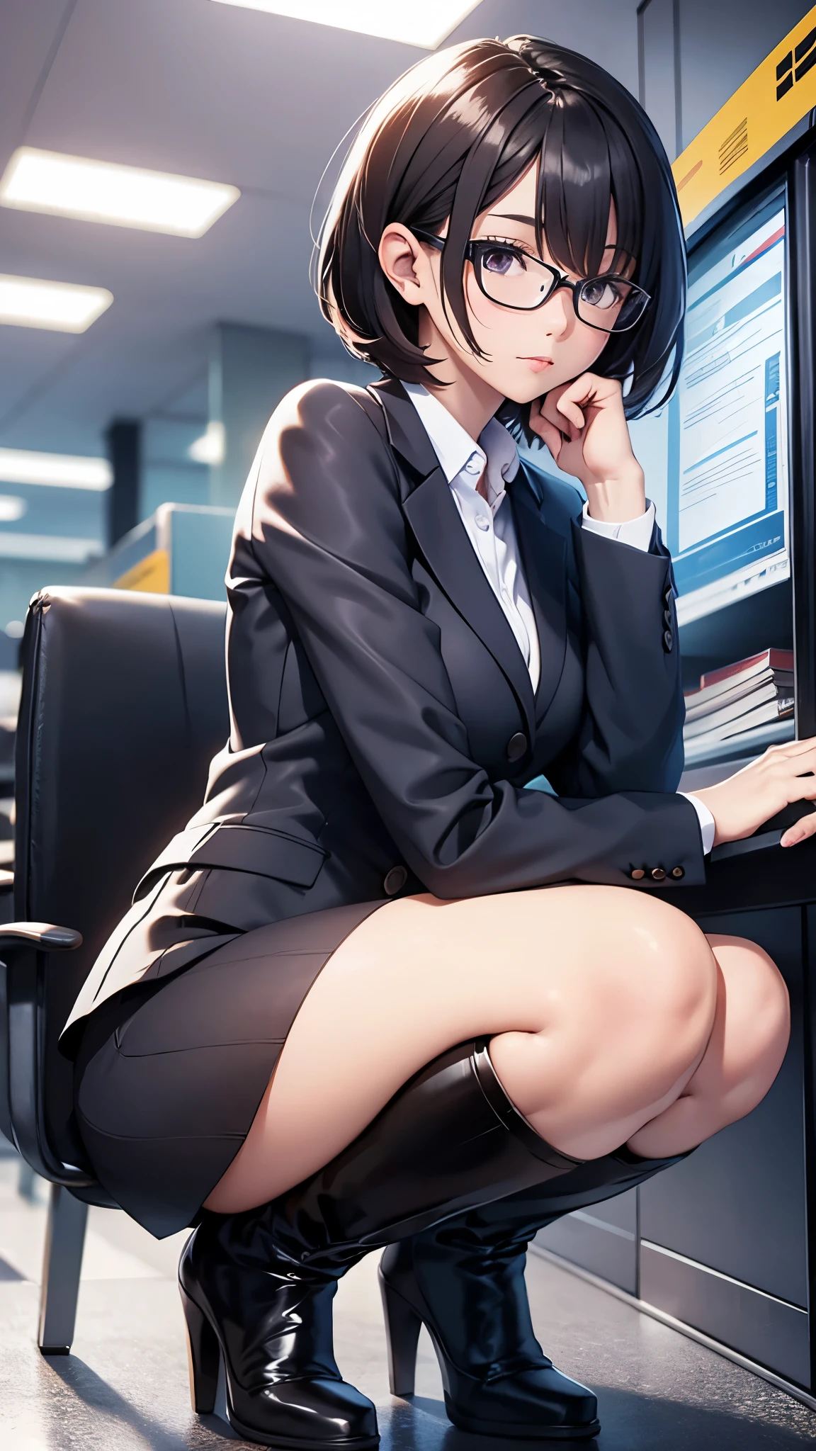 30-year-old woman,Very short hair,Glasses,office casual style,suit,Tight Skirt,pantyhose,((Knee-high long boots)),squatting.