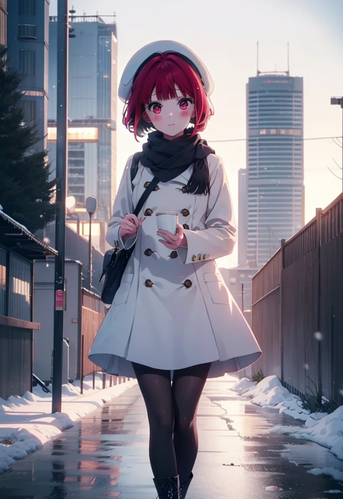 canary, Arima etc., short hair, bangs, (Red eyes:1.3), Redhead, Bobcut, smile,White Breath,blush,Earmuffs,Knitted hat,Purple Scarf,White long coat,V-neck sweater,Long skirt,Black Pantyhose,short boots,snow,snow,snow,snow,snowが積もっています,snowが降る,whole bodyがイラスト入るように,Hiding in a roofed building,
break outdoors, construction area,
break looking at viewer, whole body,
break (masterpiece:1.2), Highest quality, High resolution, unity 8k wallpaper, (shape:0.8), (Beautiful attention to detail:1.6), Highly detailed face, Perfect lighting, Extremely detailed CG, (Perfect hands, Perfect Anatomy),