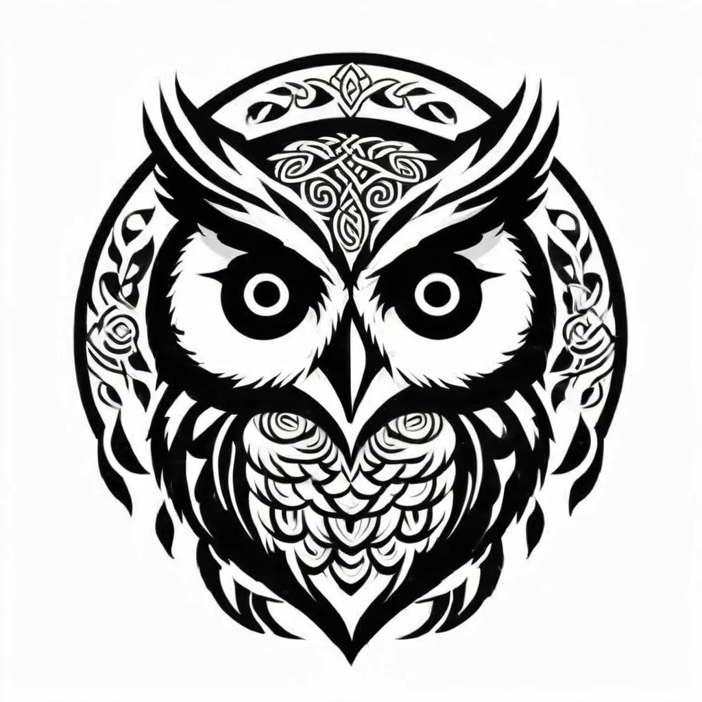 celtic style, tribal style, norse style, black and white, owl, peacock,