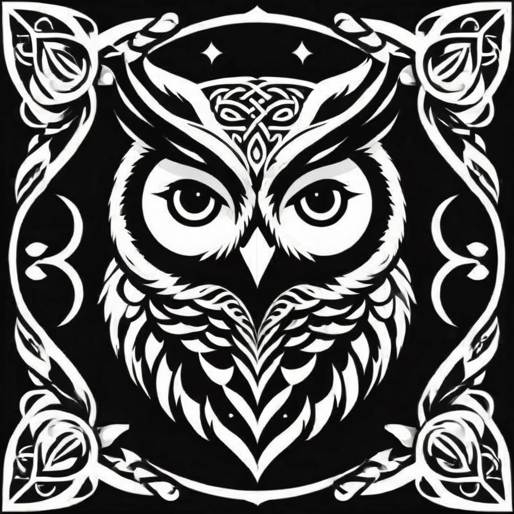 celtic style, tribal style, norse style, black and white, owl, peacock,
