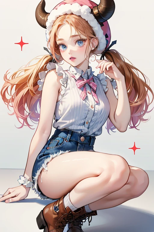 AnnaBelle has fair pale skin and strawberry blonde hair that is tied into pigtails. She has big blue eyes and pale pink lips, Her accessories consist of a fluffy cow hat with horns.

Her outfit consists of a checkered tied sleeveless shirt, She wears denim shorts and white plain socks, Her shoes is brown boots with dark brown soles. SPARKLE; GLITTER
