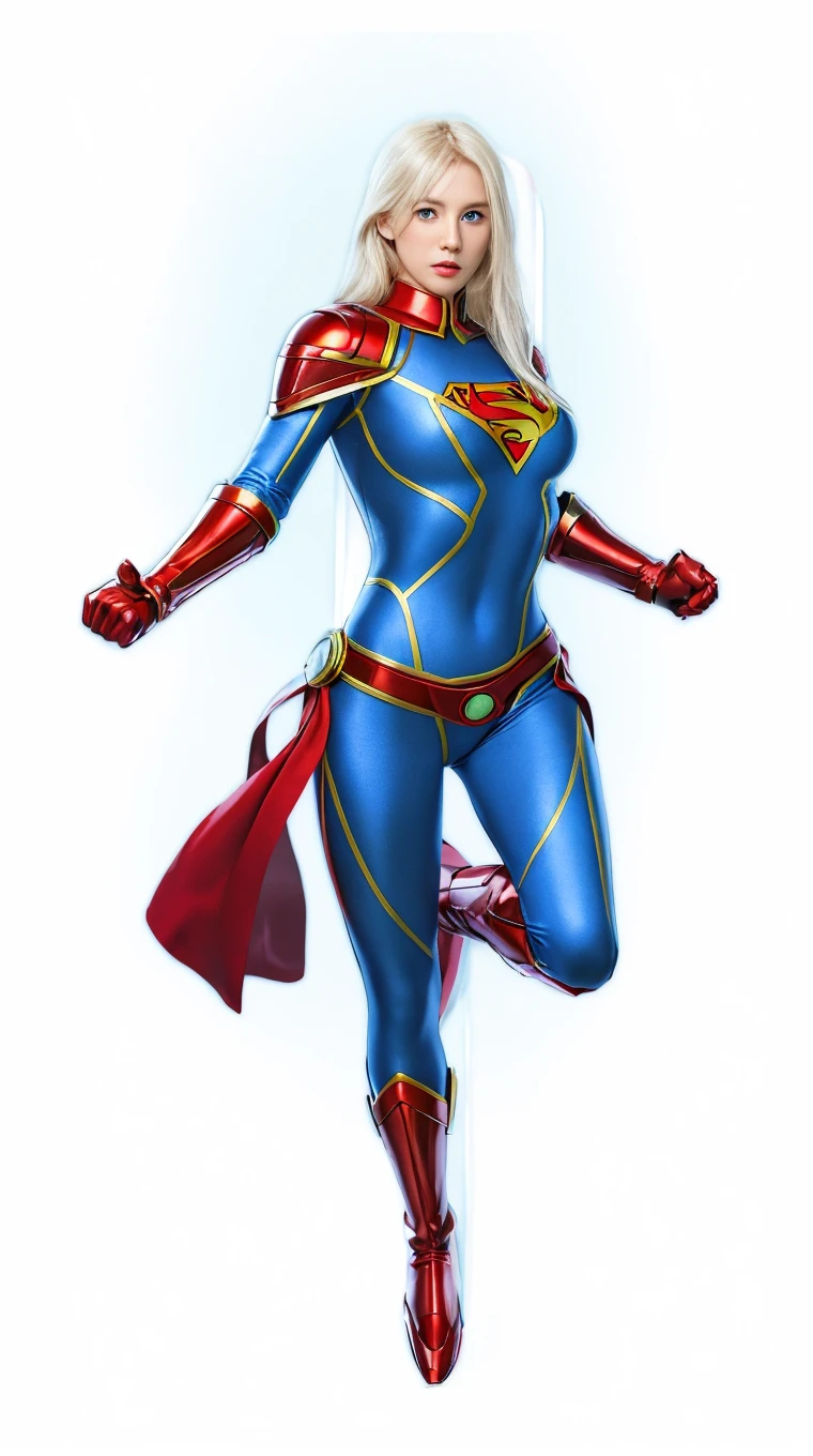 ((masterpiece)),(((best quality))),((character design sheet)), ((full body view)), (Gemma Chan face), illustration,1girl, muscular, ((blue bodysuit:1.5)), superhero, (blonde ponytail:1.4), (red cape:1.4) ((detailed face:1.4)) ((slendered abs:1.4)), red gloves, red boots, ((flat chest)), beautiful woman, (red thighhighs:1.3)shiny skin, (gold emblem on chest:1.2),scribbles and marks, (puffy lips:1.5), rough sketches, pose, 8k,16k, (simple background, white background: 1.3)
