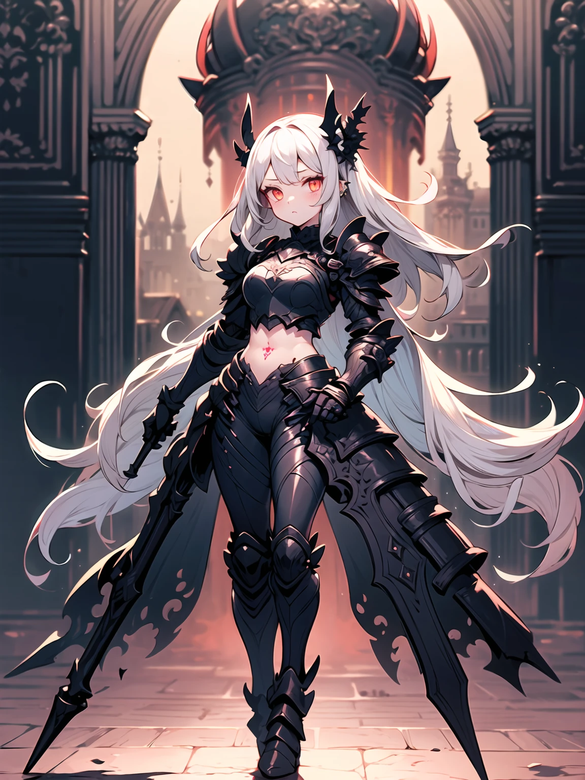 queen power armor , (gothic style), full body view , bellybutton, The most beautiful and sexy demon goddess, long white hair, glowing red eyes, wearing detailed black gothic battle armor, black angel wings, tattoos and piercings, gothic castle, perfect masterpiece, high quality, high resolution
