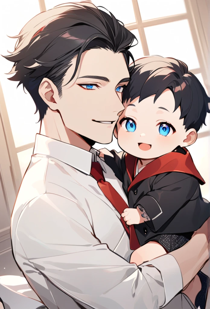 alone, elegant, 1 male, short hair, black fur, half and half, blue eyes, detailed, White shirt, Red tie, Little baby, adorable baby, baby clothes, bebe con black fur, father and son, smile, ojos detaileds