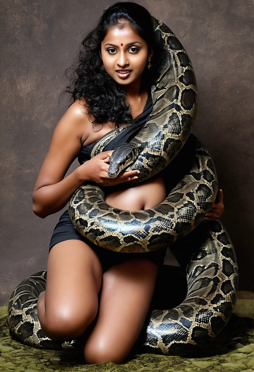 Pregnant Happy Horny, aroused 1girl), beautiful kneeling Indian young girl with giant colossal black titanboa squeezing her hard, wrapped in thick spiraling coils, constricted, struggle, gasping for air, snake attack, snake peril, moonless night, dim light