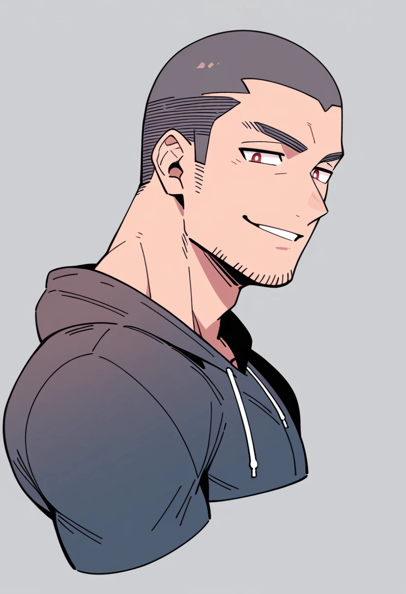 anime characters：Priapus, Muscle Sports Student, Buzz Cut, Manliness, male focus, Sports tight hooded sweatshirt, Very tight, full and perky chest muscles, muscular male, muscular, only, Upper body, alone, Red short hair, Thick eyebrows, stubble, Brown-red pupils, White background, simple background, amazing quality, best aesthetics, Ridiculous, crew cut, parted lips, smirk, bright pupils, negative space, negative space, best quality