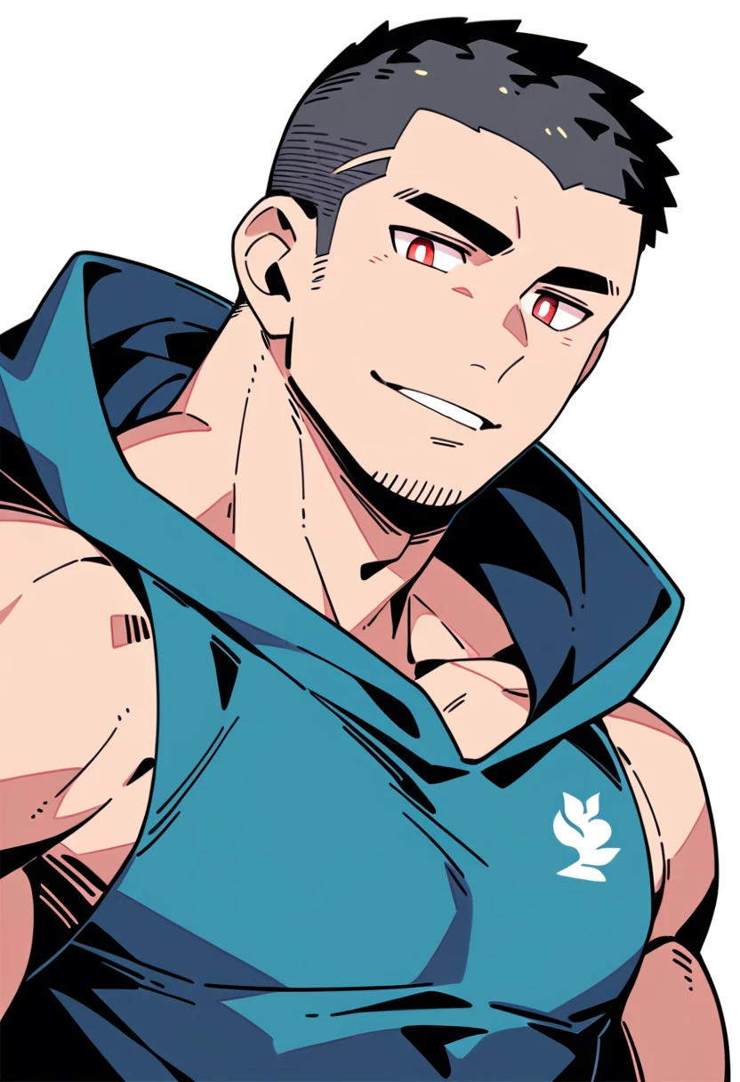 anime characters:Priapus, Muscle Sports Student, Buzz Cut, Manliness, male focus, Sports tight hooded sweatshirt, Very tight, full and perky chest muscles, muscular male, muscular, only, Upper body, alone, Red short hair, Thick eyebrows, stubble, Brown-red pupils, White background, simple background, amazing quality, best aesthetics, Ridiculous, crew cut, parted lips, smirk, bright pupils, negative space, negative space, best quality