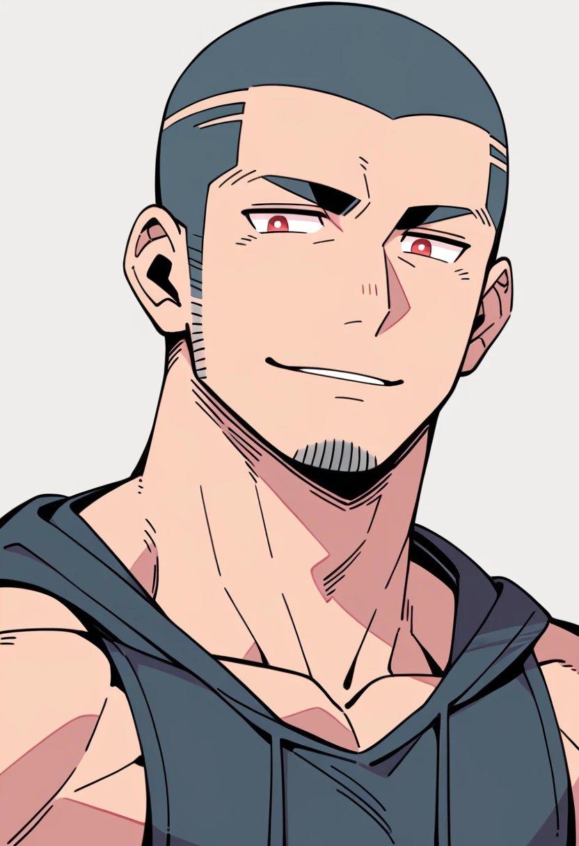 anime characters:Priapus, Muscle Sports Student, Buzz Cut, Manliness, male focus, Sports tight hooded sweatshirt, Very tight, full and perky chest muscles, muscular male, muscular, only, Upper body, alone, Red short hair, Thick eyebrows, stubble, Brown-red pupils, White background, simple background, amazing quality, best aesthetics, Ridiculous, crew cut, parted lips, smirk, bright pupils, negative space, negative space, best quality