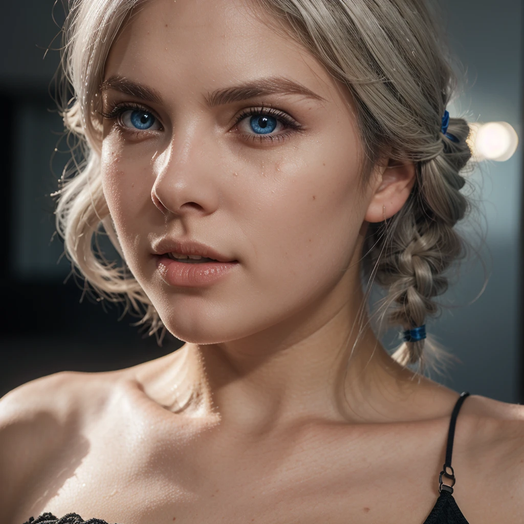 a young woman with white hair in pigtails, beautiful detailed blue eyes, extremely detailed face and skin, photo-realistic, cinematic lighting, intricate details, vibrant colors, masterpiece