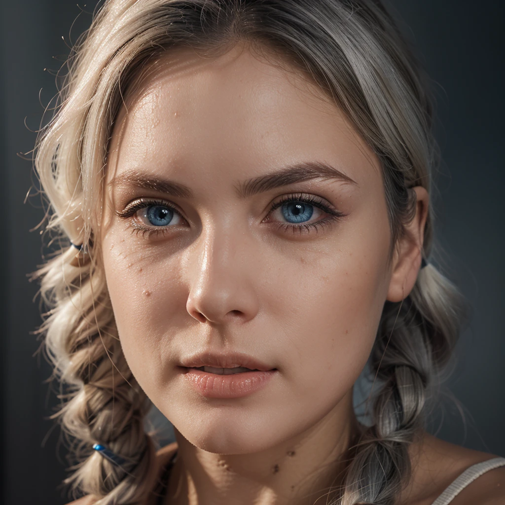 a young woman with white hair in pigtails, beautiful detailed blue eyes, extremely detailed face and skin, photo-realistic, cinematic lighting, intricate details, vibrant colors, masterpiece