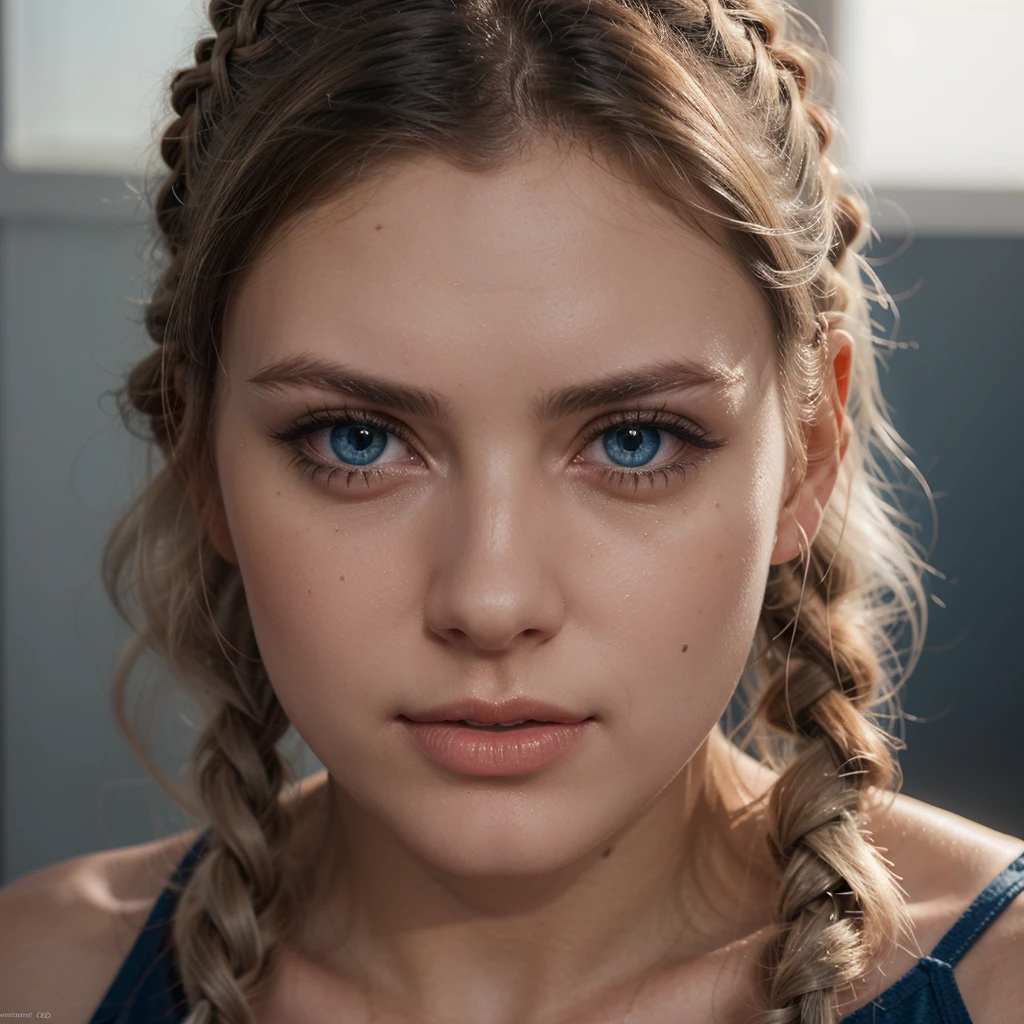 Extremely beautiful young woman of 20 years old with light blue eyes, light skin color, light blonde hair color with two pigtails of hair, perfect lips, small and perfect nose, deep and sexual look.