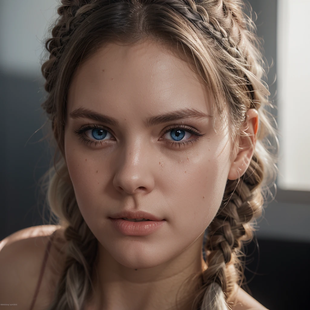 a young woman with white hair in pigtails, beautiful detailed blue eyes, extremely detailed face and skin, photo-realistic, cinematic lighting, intricate details, vibrant colors, masterpiece