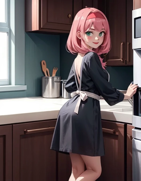 best quality, masterpiece, highres, solo, 1girl, detailed face, mature face, Imagine Anya Forger as an adult, (27 years old:1.5), Pink hair, green eyes, lukewarm smile, blushing cheeks, mascara, red lipstick, black dress with white collar, headband, black tights, white apron, high heels, indoors, kitchen, standing, leaning behind kitchen counter, looking at the viewer, anime_style, 47