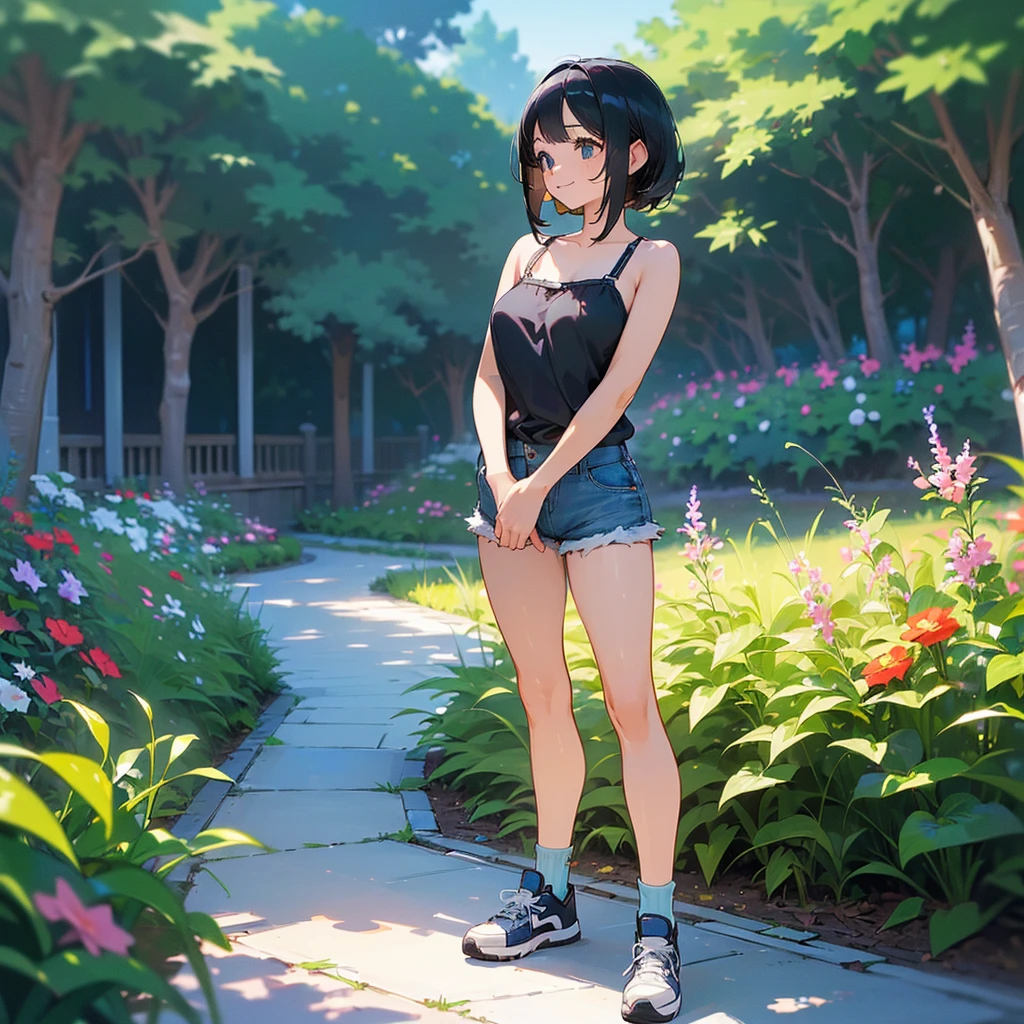 (high quality, High resolution, Very detailed, reality:1.37), Peaceful atmosphere, (Outdoor, garden), Teenage girl standing alone, (my breasts are big.), Beautiful details, Cute Smile, (Black bob hair), camisole, Denim shorts, Blue socks, sneakers.