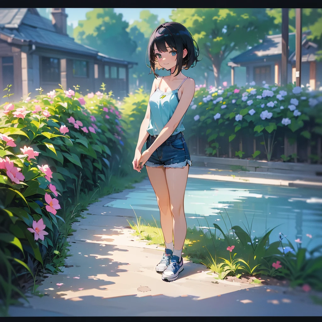 (high quality, High resolution, Very detailed, reality:1.37), Peaceful atmosphere, (Outdoor, garden), Teenage girl standing alone, (my breasts are big.), Beautiful details, Cute Smile, (Black bob hair), camisole, Denim shorts, Blue socks, sneakers.
