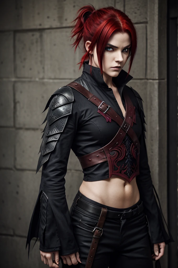 Create a demon slayer with raven reddish hair and irises of the same color., sideways, short bob hair tied in a half ponytail, a demon mask, somewhat masculine and androgynous-looking body