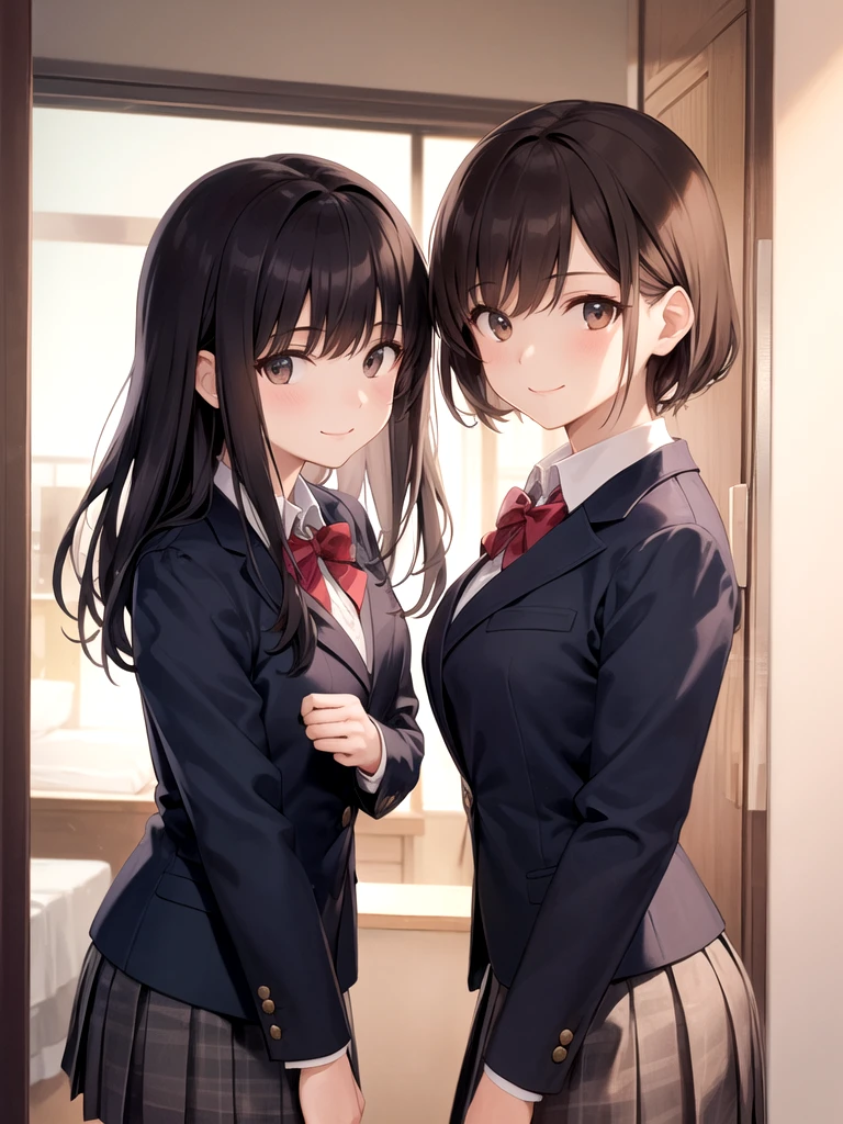 2 girls,  20 years old, looking at viewer,  long hair, medium hair, light brown hair,  brown eyes,  small breast, medium breast,smile, blazer, pleated skirt, dark blue clothes, red bowtie, indoors, motel,  Best Quality,  High resolution,  Extremely detailed,  Detailed background,  Perfect Lighting