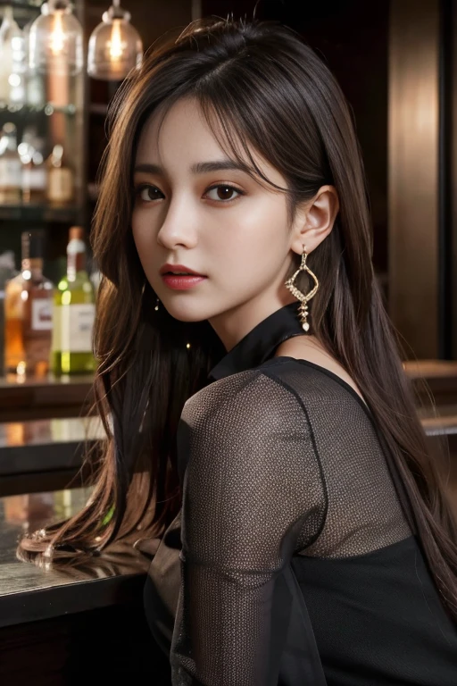 masterpiece, Highest quality, Realistic, Very detailed, Finer details, High resolution, 8k wallpaper, One beautiful woman, Wear a black see-through shirt, Great bar counter, At night, Light brown messy hair, Perfect dynamic composition, Beautiful and beautiful eyes、Big earrings、