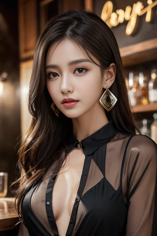 masterpiece, Highest quality, Realistic, Very detailed, Finer details, High resolution, 8k wallpaper, One beautiful woman, Wear a black see-through shirt, Great bar counter, At night, Light brown messy hair, Perfect dynamic composition, Beautiful and beautiful eyes、Big earrings、