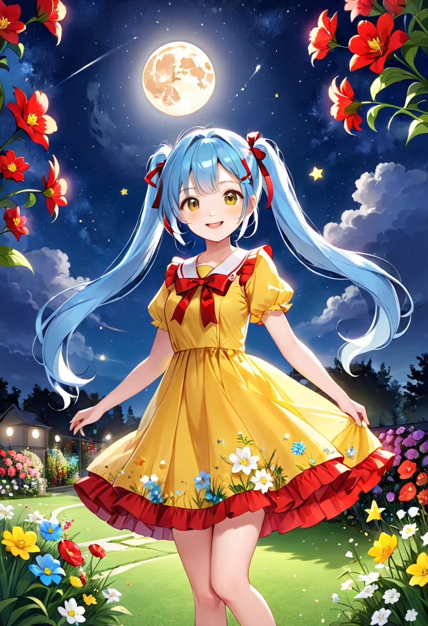 Light blue long hair、Beautiful girl with twin tails、The dress has a cute big red ribbon、Yellow Dress、Bright smile、Night Sky、Big Moon、shooting star、Face Highlights、A lawn garden with lots of flowers blooming