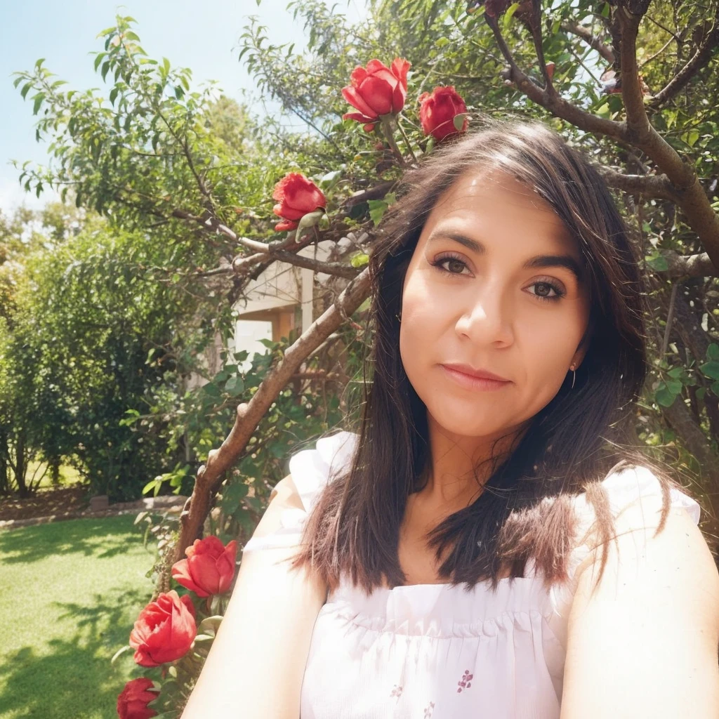 There is a woman who is taking a selfie in front of some flowers, 8k selfie photograph, con flores, in garden, in garden, Foto tomada con Canon 5D, Disparo con GoPro9, selfie shot straight on angle, Tomada en Go Pro Hero8, Tomada con Sony Alpha 9, Sentado in garden de rosas, sitting in garden