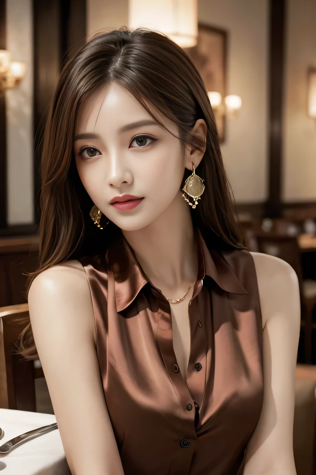 masterpiece, Highest quality, Realistic, Very detailed, Finer details, High resolution, 8k wallpaper, One beautiful woman, Wear a silk shirt in a good color, In a great restaurant, At night, Light brown messy hair, Perfect dynamic composition, Beautiful and beautiful eyes、Big earrings、chest、Sleeveless shirt、