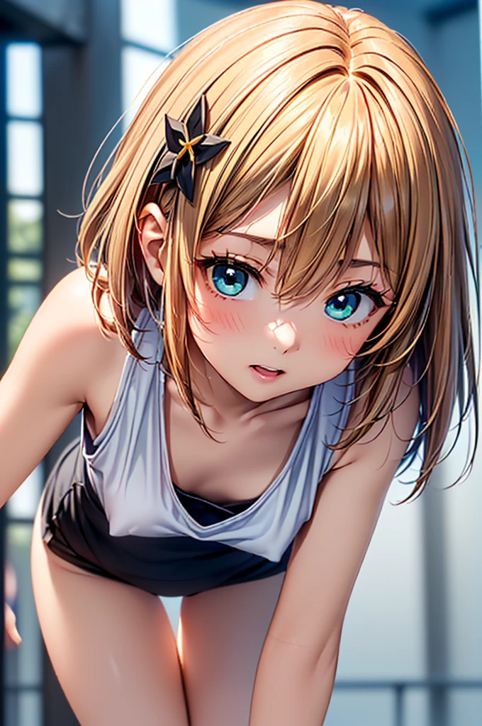 (NFSR8k:1.10, Highest quality, masterpiece:1.2), Very detailed, (High brightness:1.3), (High Contrast:1.1), (High chroma:1.1), (Anime screenshots:1.20), (((Perverted short girl:1.30))), ((hair ornaments:1.2)), Hair between the eyes, Blonde, bangs, ((short hair)), Green Eyes, skin, (((Long Hair:1.10))), (((Both sides up:1.10))), ((Beautiful Eyes:1.10)), (cuteeyes:1.10), ((Eye for details:1.5)), cute, (((((膨らみかけbreast:1.30, valley:1.5, breast:1.20))))), (((((One white tank top with a very low neckline, size 3L for an adult male:1.30, A peek at the inner nipples from a tank top chest, from a perspective angle 1.40, breastがタンクトップ胸元から溢れ出す:1.30))))), ((the body is slim:1.10)), ((Sensual blush)), (Outdoor, Beach, Waterfront, Day), (cute 卑猥なO顔:1.20), ((( puts both hands on the ground:1.10, Push your ass up:1.10, Put your knees on the ground:1.10))), (Shiny地skin:1.10), (Oil地skin:1.5), (((((Basic structure of the human body:1.55, Young girl leaning forward at 80 degrees:1.30))))