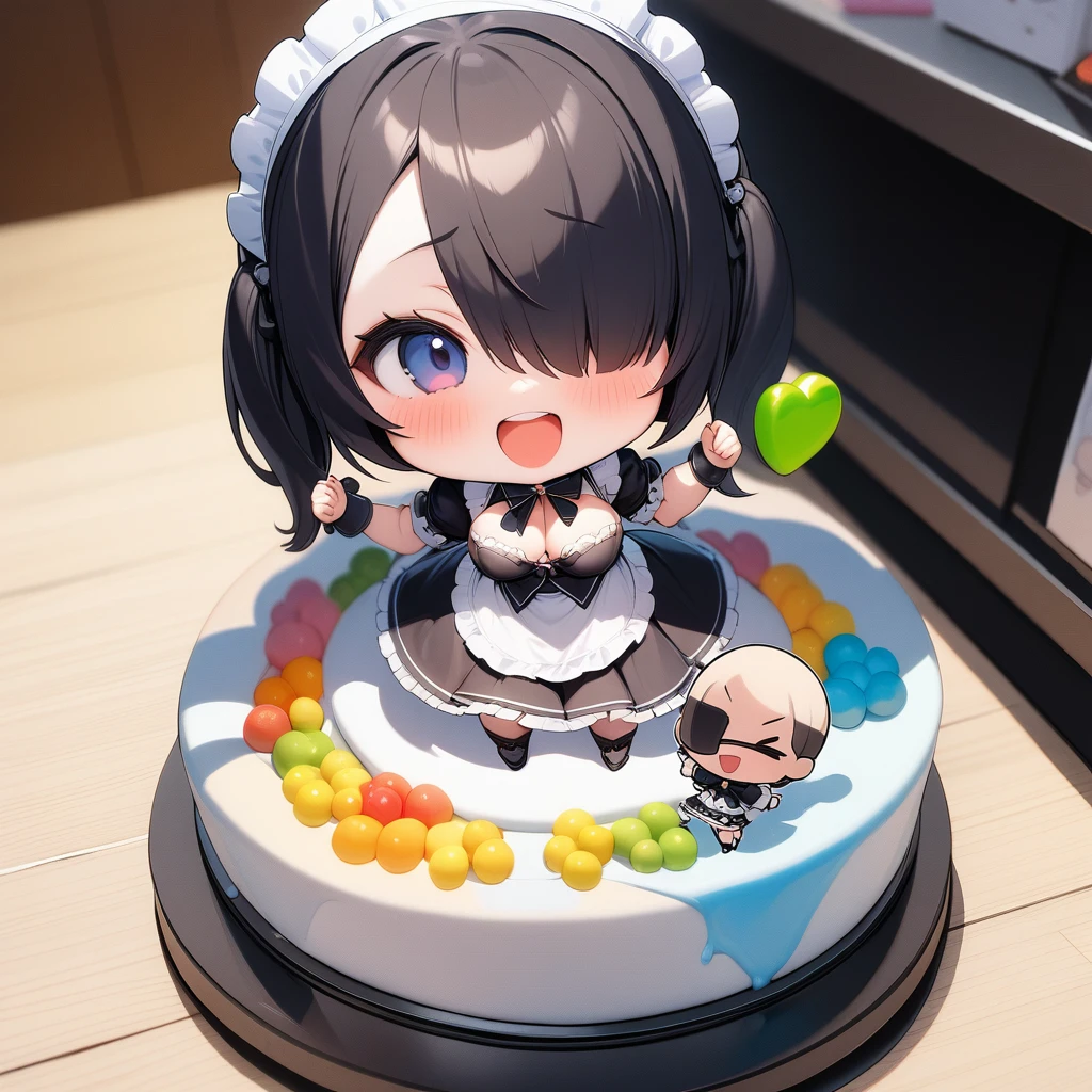 (masterpiece,best quality,very aesthetic),(ultra-detailed),super-fine illustration,high saturation,nsfw,(acrylic stand,chibi,1girl chibi Character of acrylic stand:1.4),,curvy,large breasts,twintails,hair over one eye,black hair,(maid clothes,frilled skirt,maid apron),cheerful,happy,excited,sexy pose