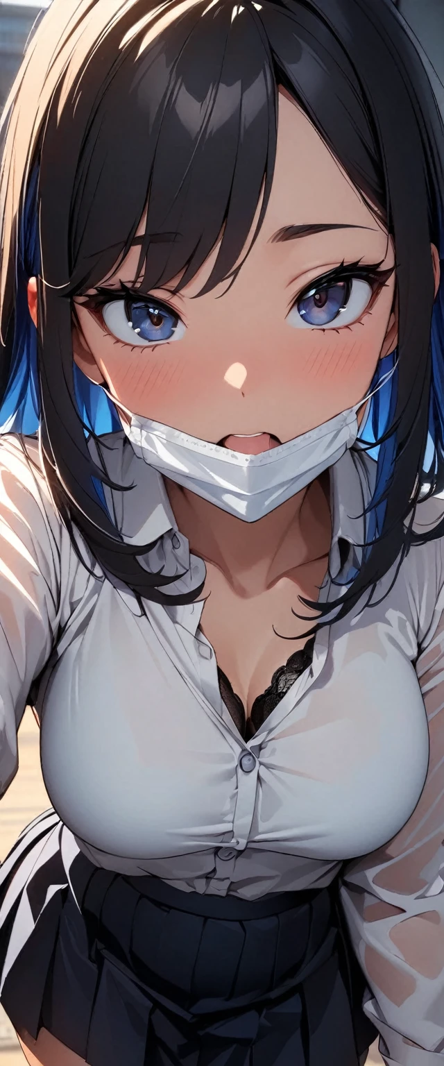 (high quality, 8k, 4K, High Contrast, masterpiece:1.2, 最high quality, Best aesthetics), 1 Female, (Real skin texture:1.3), (Film Grain:1.3), (Selfie angle, High angle), One girl, Beautiful and detailed eyes and face, 最high quality, close, cowboy shot blackhair , disposable mask Blue inner hair Whiteshirt darkBlue skirt (show of black bra) (sow off penis)(futanari)