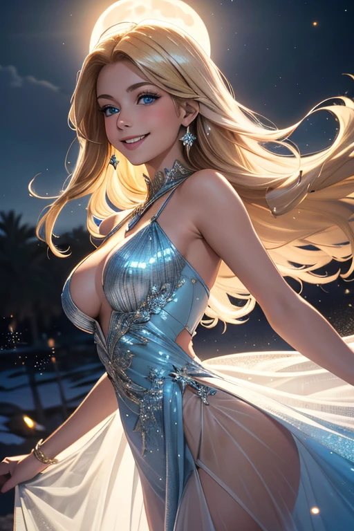 Mysterious moon goddess, sparkling blue eyes, deep blonde hair, smiling in love, wearing a translucent dress made of sparkling light and light particles, a large full moon emitting mysterious rays and soft light particles, her costume softly glowing in the moonlight, highlighting the lines of her body,