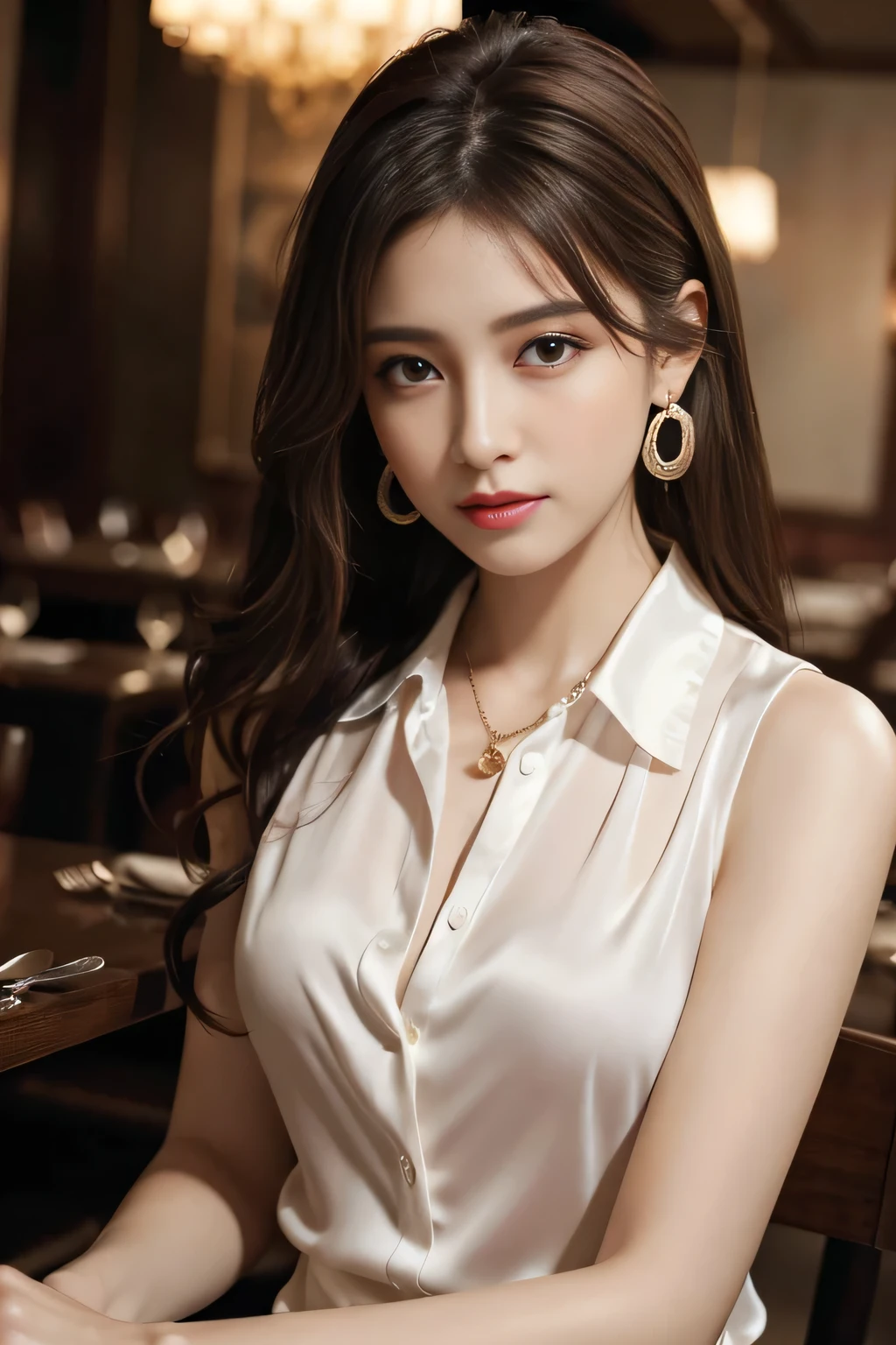 masterpiece, Highest quality, Realistic, Very detailed, Finer details, High resolution, 8k wallpaper, One beautiful woman, Wear a silk shirt in a good color, In a great restaurant, At night, Light brown messy hair, Perfect dynamic composition, Beautiful and beautiful eyes、Big earrings、chest、Sleeveless shirt、