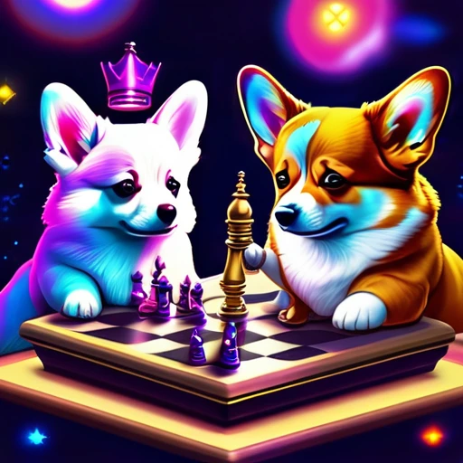 psychedelicstyle magic beamMake me a photo of cute corgi and cute cat playing chess.