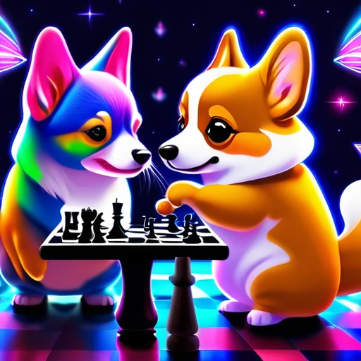 psychedelicstyle magic beamMake me a photo of cute corgi and cute cat playing chess.