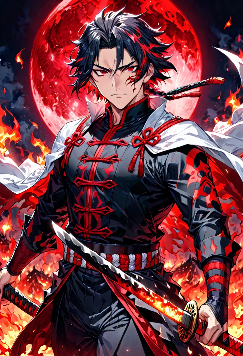 Ultra detailed, highres, absurdres, HDR, master piece, male demon slayer, black medium length hair, expressive red eyes, white cape with flame designs along the bottom, black demon slayer uniform, Kimetsu No Yaiba, handsome, sexy man, solo, best quality, black and red katana with flame patterns, extremely detailed face and eyes, fire coming from katana, red moon