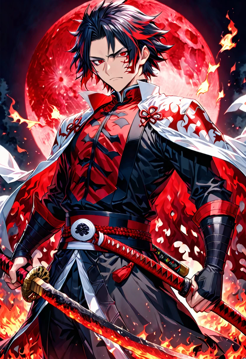 Ultra detailed, highres, absurdres, HDR, master piece, male demon slayer, black medium length hair, expressive red eyes, white cape with flame designs along the bottom, black demon slayer uniform, Kimetsu No Yaiba, handsome, sexy man, solo, best quality, black and red katana with flame patterns, extremely detailed face and eyes, fire coming from katana, red moon