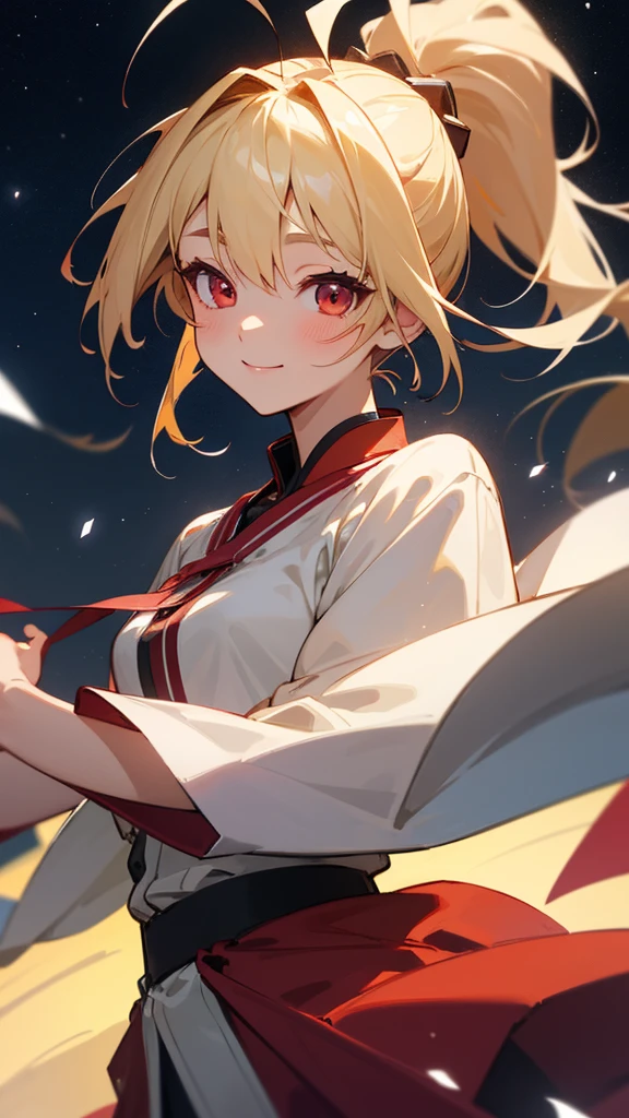 1 Girl、masterpiece、Highest quality、detailed、blonde、ponytail、Round red eyes、Ahoge、beautiful、Dancer、Starry Sky、night、Anime-style paintings、Hard Edge、Soft Surface、smile、smile、Upper body close-up、from the front、Stage lighting、Spot lighting