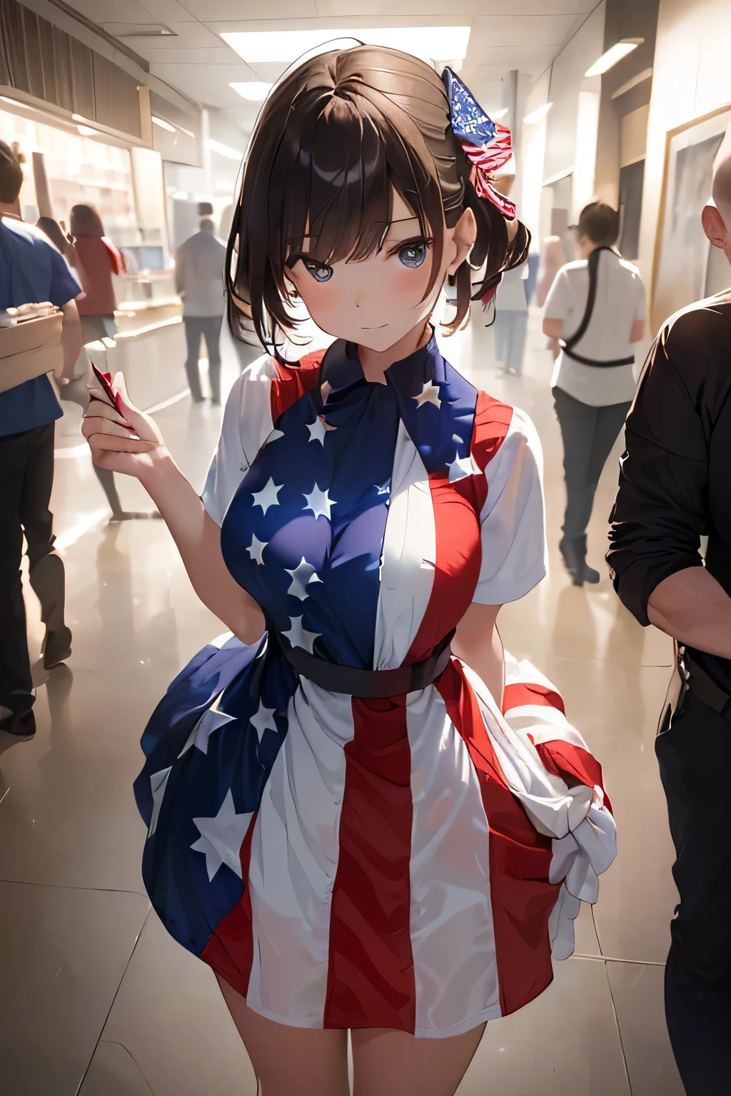 (((Costume inspired by the American flag:1.3))),(((Woman in men's clothing:1.3))),(Stars and Stripes),(masterpiece,Highest quality,Ultra-high resolution output images,Write boundary depth,Intricate details,Adding dimension to your subject with the contrast of light and shadow,Anatomically correct facial structure),(Picture Mode Ultra HD,)