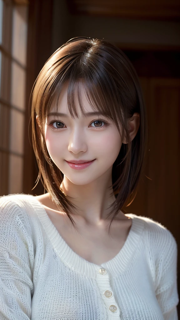 1 Japanese girl,(White sweater:1.4), (RAW Photos, highest quality), (Realistic, Realistic:1.4), Tabletop, Very delicate and beautiful, Very detailed, 8k wallpaper, wonderful, In detail, Very detailedなCG Unity, High resolution, Soft Light, Beautiful details 19 years old, Very detailedな目と顔, Beautiful and detailed nose, Beautiful details,Cinema Lighting,Perfect Anatomy,Slender body,smile (Asymmetrical bangs,),(Big Breasts)