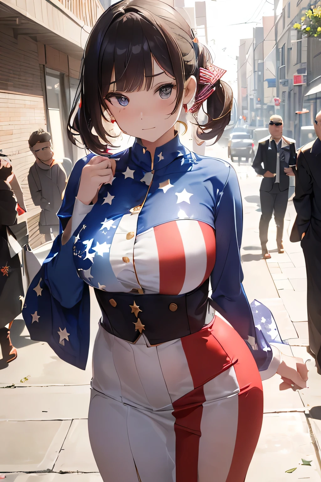 (((Costume inspired by the American flag:1.3))),(((Woman in men's clothing:1.3))),(Stars and Stripes),(masterpiece,Highest quality,Ultra-high resolution output images,Write boundary depth,Intricate details,Adding dimension to your subject with the contrast of light and shadow,Anatomically correct facial structure),(Picture Mode Ultra HD,)