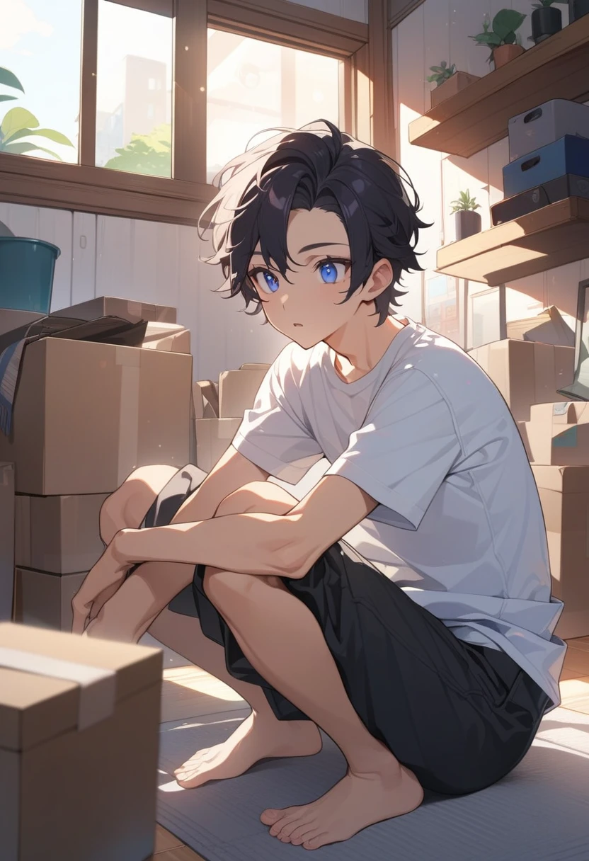 masterpiece, best quality, extremely detailed, ultra detailed, flat anime, 2D, ((1boy)),black hair, (short hair:1.5),blue eyes, height 1.7meters, (circle eyes:1.2), (young adult:1.2), Ear-length sideburns, long Sleeves, White T-shirt, barefoot, ((short sleeves)), ((long pants)), squatting, open mouth, summer, 12AM, livingroom,organizing the boxes., ((portrait)),full body,expressionless